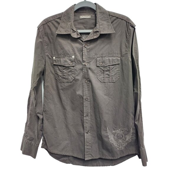 7 Diamonds Mens Shirt Medium Brown Embroidered Angel Wings Button Up Grunge - Picture 1 of 8